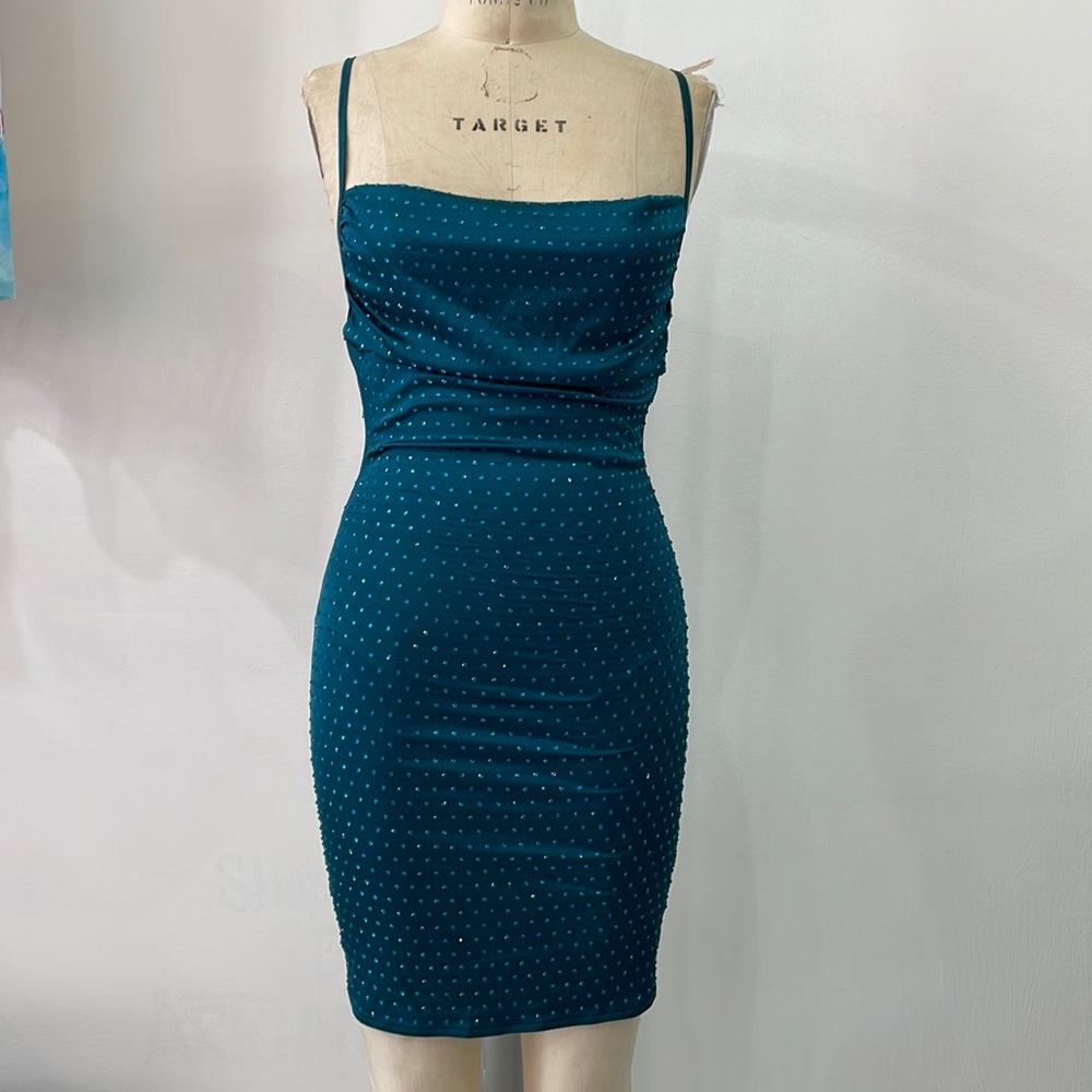 Rhinestone Hotfix Satin Mini Dress